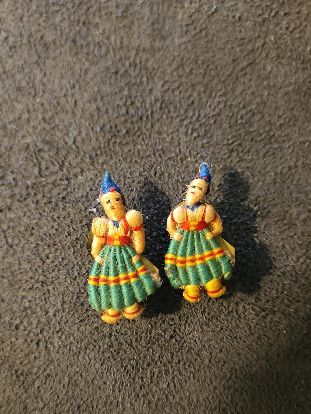 Vintage Hand Crafted Wrapped Thread Folk Dancer Clip On Earrings